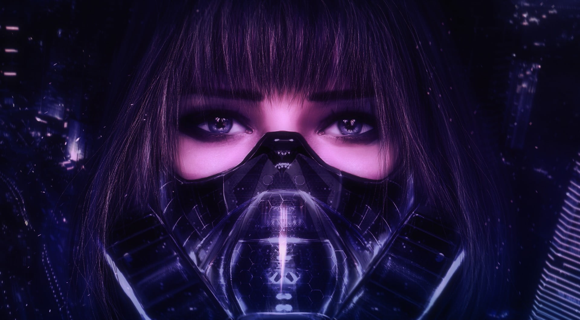 female wearing gas mask character, futuristic