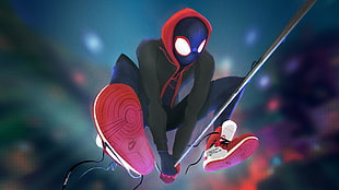 spiderman wearing white-and-red shoes
