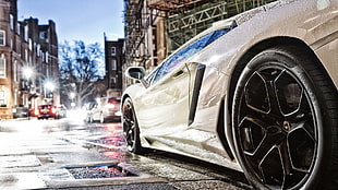 silver sports car, car, Lamborghini, Lamborghini Aventador, wheels HD wallpaper