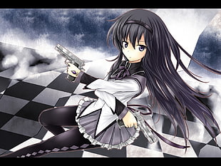 female wearing black and white long-sleeved dress holding semi-automatic pistol anime character illustration