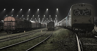 gray and brown train, mist, lights, train, railway