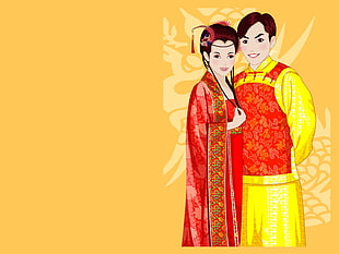 illustration of man and woman in traditional clothes HD wallpaper