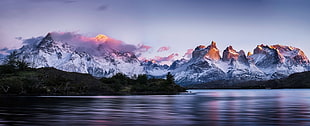 mountains in front of body of water, panoramas, Torres del Paine, Patagonia, Chile HD wallpaper