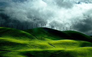 windmill lot, green, hills, wind farm HD wallpaper