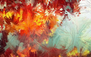 red, yellow, and teal abstract painting, abstract, artwork, colorful