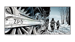 two soldiers beside train illustration, artwork, soldier, train, snow