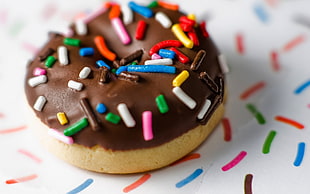 chocolate donuts with sprinkles, food, donut, sweets, candies HD wallpaper