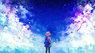 girl looking at sky clip art, anime girls, clouds, stars, Kyoukai no Kanata