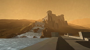 gray and beige castle illustration, TIMEframe, castle, waterfall, Sun