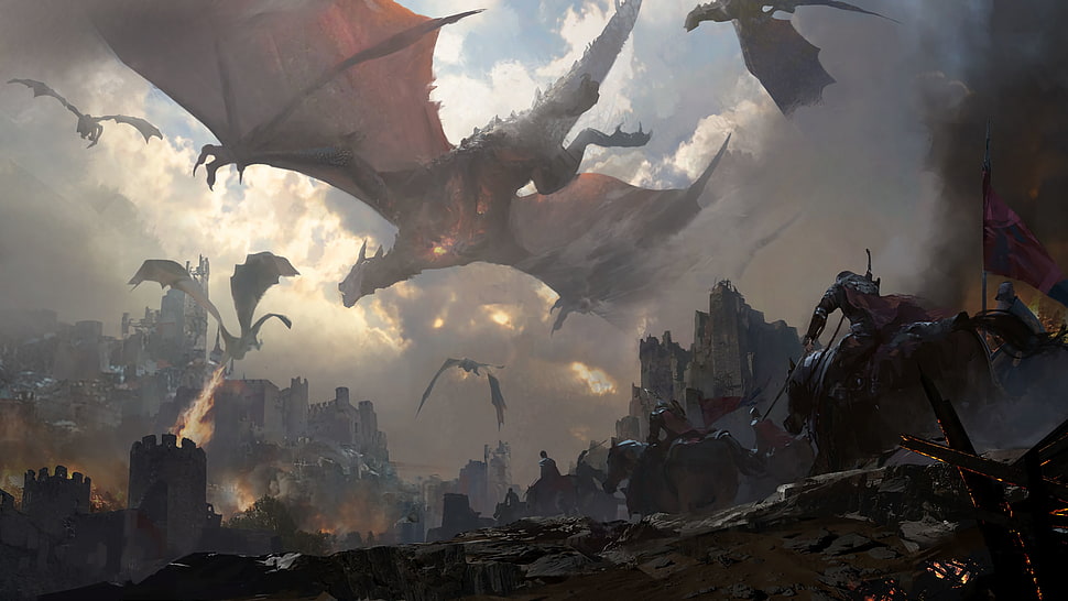 Dragon digital wallpaper, dragon, fire, battlefields, knight HD wallpaper