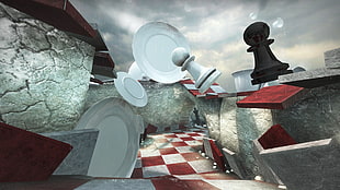 painting of chess piece and plates, chess, render, digital art, CGI