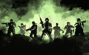 silhouette of army digital wallpaper, gun, artwork, gas masks, weapon