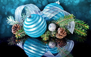 two blue baubles, Christmas, New Year, Christmas ornaments , cones