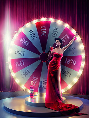 woman in red sweetheart neckline dress in front of roulette