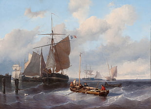 brown sail boat on sea painting, painting, ship, French, harbor