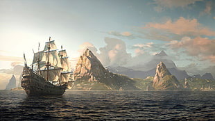 gray ship, artwork, landscape, Anno