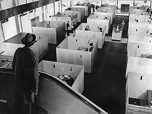 rectangular white wooden dining table with chairs set, Jacques Tati, Monsieur Hulot, Playtime, office