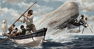 group of people catching whale digital wallpaper, nature, animals, sea, Moby Dick