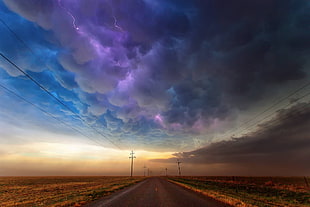 pink and blue clouds, road, power lines, lightning, clouds