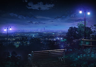 landscape, anime, bench, cityscape