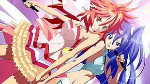 two red-haired and blue-haired female anime characters