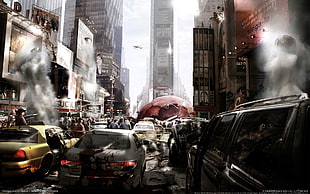 cars and people in New York Time Square digital wallpaper, artwork, video games, prototype, city