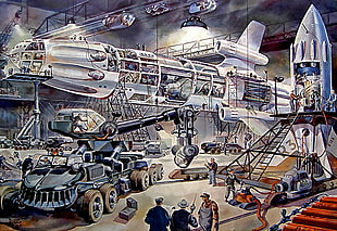 white space shuttle illustration, science fiction, artwork, retro science fiction