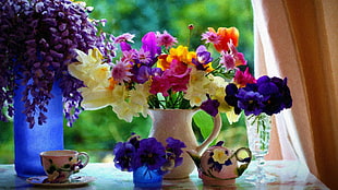 assorted-color flowers, flowers, vases, pansies, bouquets HD wallpaper