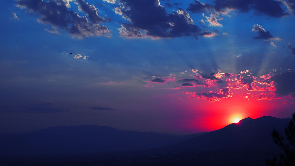 black mountain, sunset, planes, sky, clouds HD wallpaper