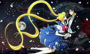blue and yellow floral print textile, Sailor Moon, Moon