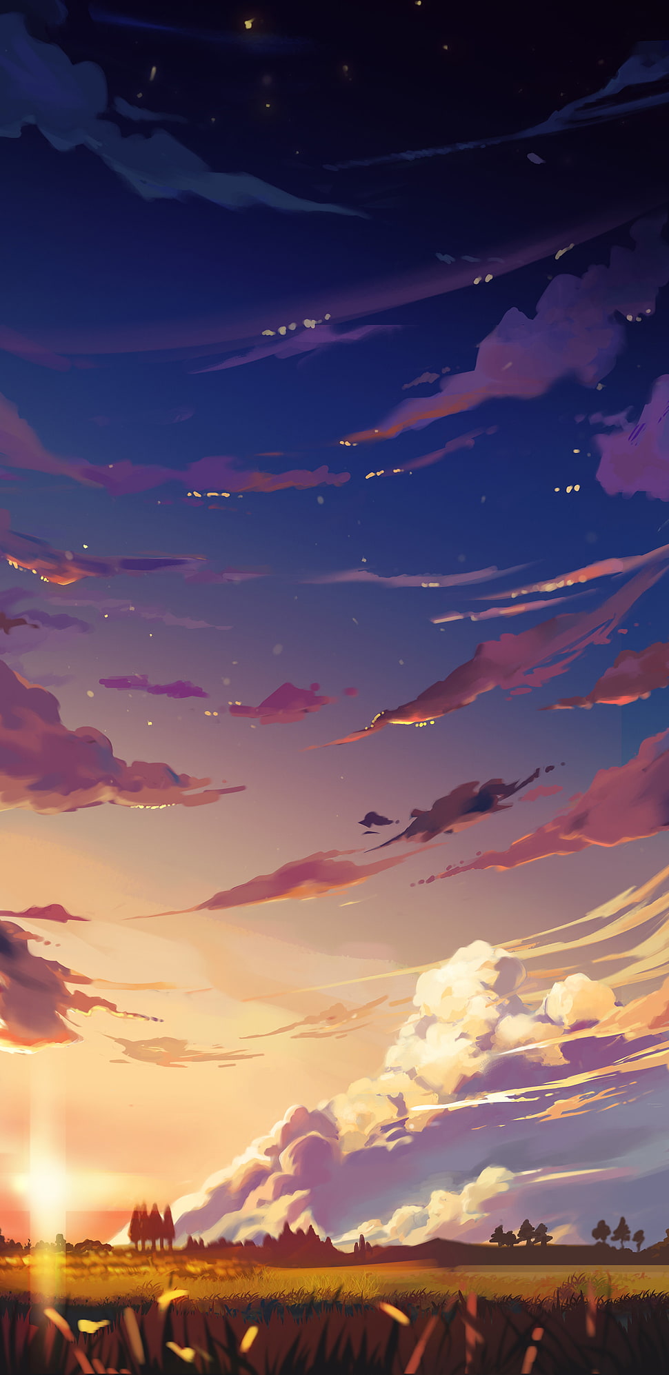 mountain and grass field illustration, portrait display, sky, clouds, sunset HD wallpaper