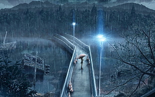 bridge during rain wall paper, original characters, landscape, trees, rain HD wallpaper