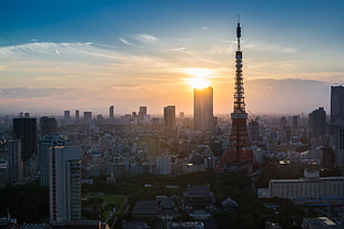 Tokyo Tower, Japan, photography, Sun, urban, cityscape