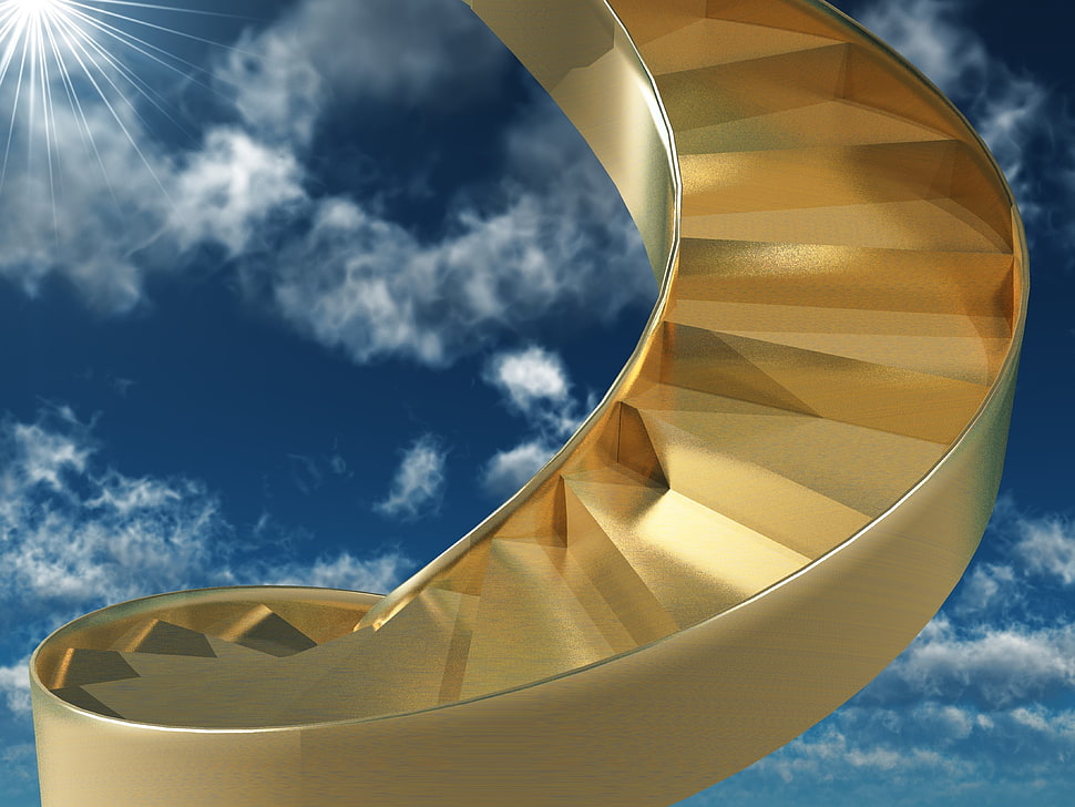gold-stairs with clouds and blue sky background HD wallpaper