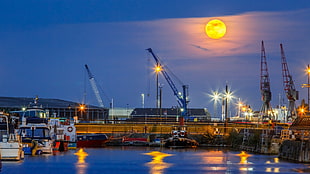 photo of boats at wharf, ship, shipyard, dock, cranes (machine)