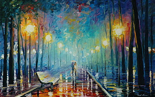 couple walking in the rain painting, lovers, rain, umbrella, trees HD wallpaper