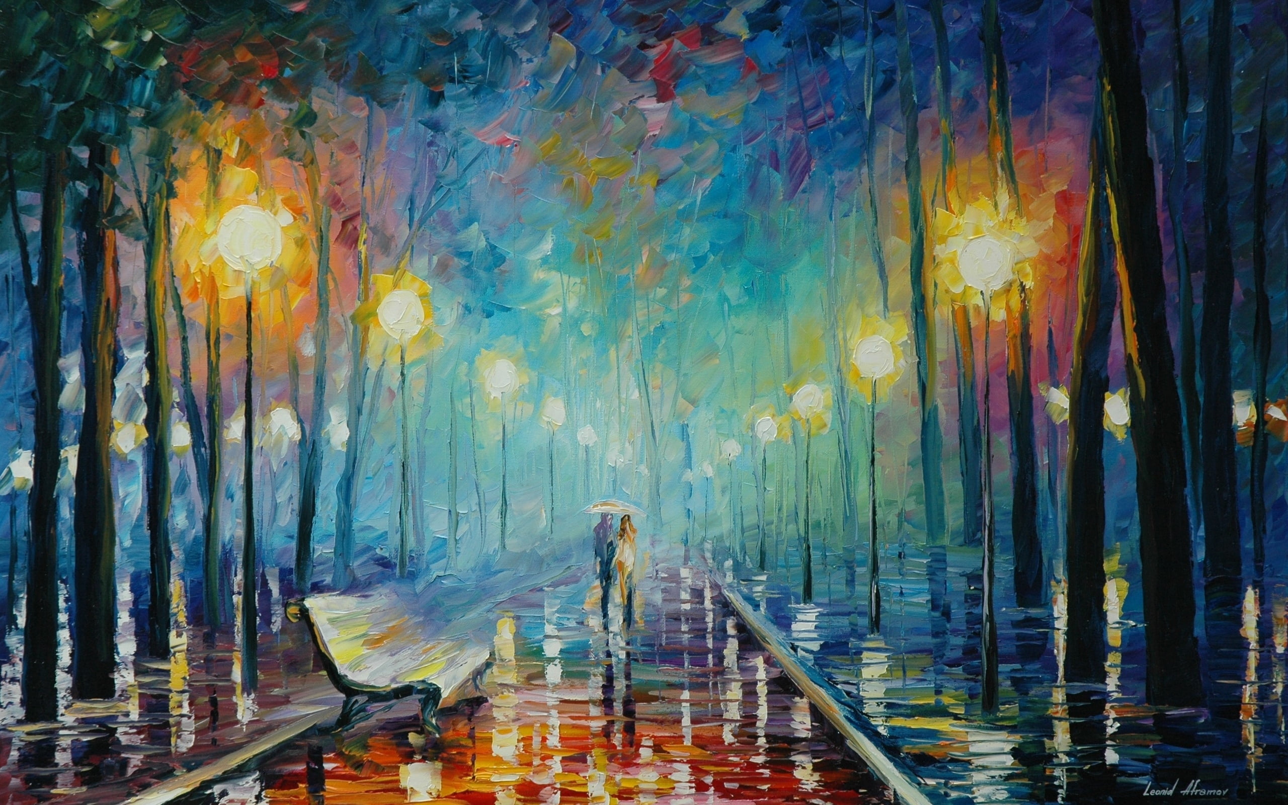 couple walking in the rain painting, lovers, rain, umbrella, trees