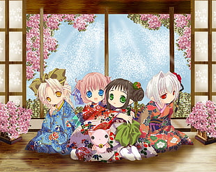 four female anime wearing kimono
