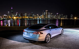 silver sedan, Tesla S, car, vehicle, Tesla Motors HD wallpaper