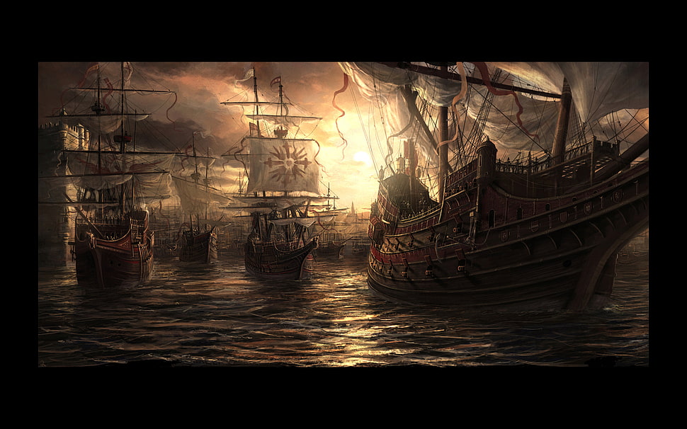 brown galleon ship wallpaper, ship, artwork, fantasy art HD wallpaper