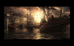 brown galleon ship wallpaper, ship, artwork, fantasy art