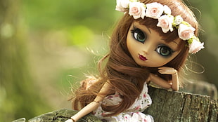 doll wearing white and pink floral dress, doll, green eyes, toys, wreaths HD wallpaper