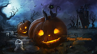 two Pumpkins digital wallpaper, Halloween, pumpkin, fantasy art, glowing eyes