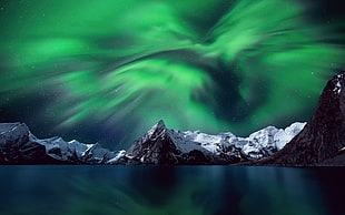 Northern Lights, stars, space, planet, mountains