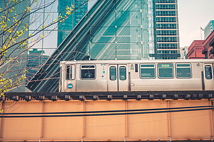 white train passing near blue building during daytime