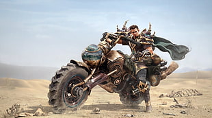 game character wearing cape and riding motorcycle, artwork, men, futuristic, vehicle
