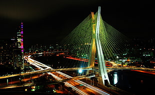 white suspension bridge, photography, city, urban, bridge