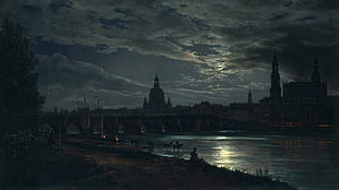 road beside river near palace under white clouds dark skies