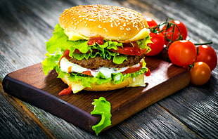 burger with meat and tomatoes, hamburgers, fast food, tomatoes HD wallpaper