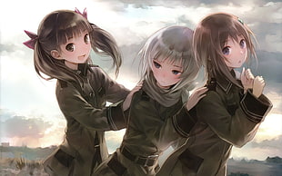 three female anime character in grey coat